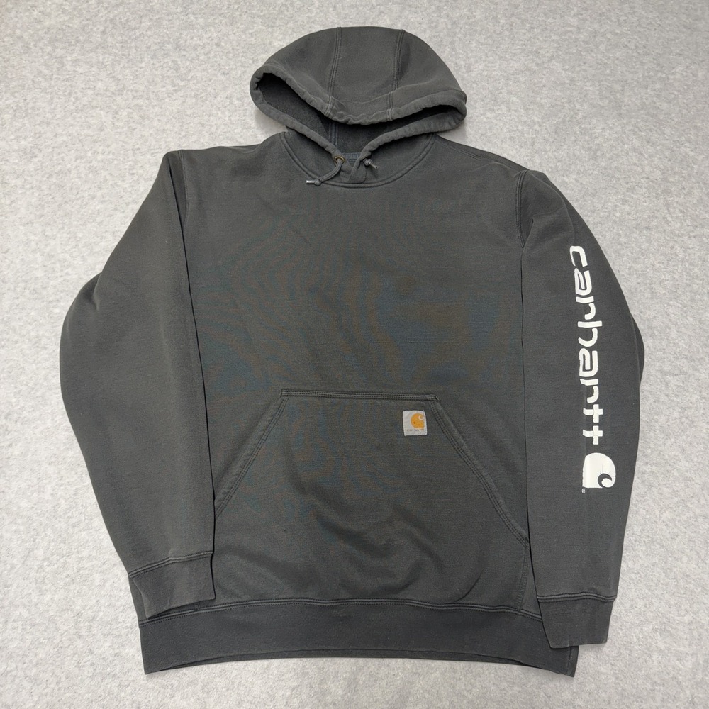 Carhartt Hoodie Mens L Black Sleeve Logo Fleece Pullover Sweatshirt K288